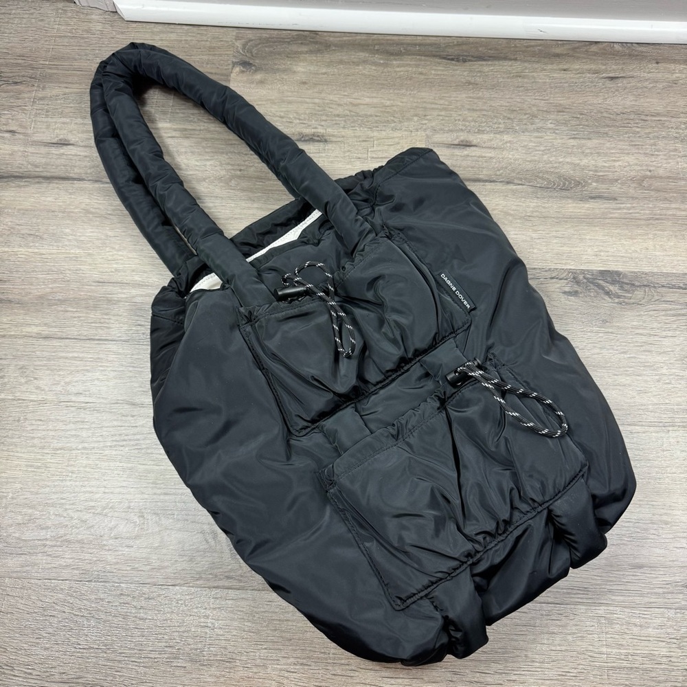 Dagne Dover Kal Puff Drawstring Shoulder Tote Bag Black Nylon Travel Lightweight